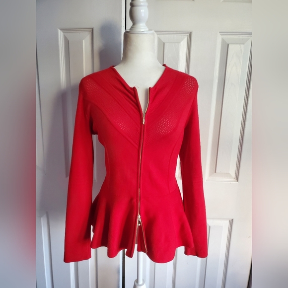 Escada Double Gold Zip Front Peplum Perforated Bodice Chevron Knit Sweater - Picture 8 of 15